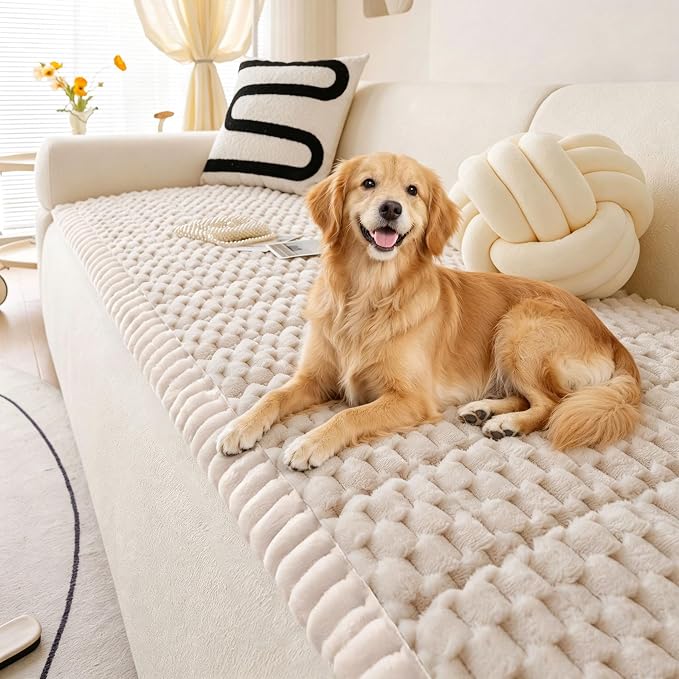 OTOB Dog Couch Cover Protector Washable, Non Slip Pet Sofa Furniture Covers | Cream, 27.6" x 82.7", Fuzzy Soft Plush, Pet Friendly, All Seasons, Breathable, Modern, Thick Wear-Resistant by OTOB