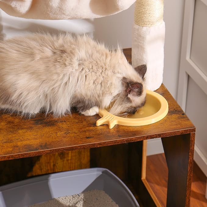 Hey-brother Cat Tree Tower, Litter Box Enclosure, Food Station, MPJ100SR | 47.24 Inches Wooden All-in-one Cat House, Large Hammock, Bed, Scratching Posts, Modern Style for Indoor Cats, Rustic Brown - Image 6