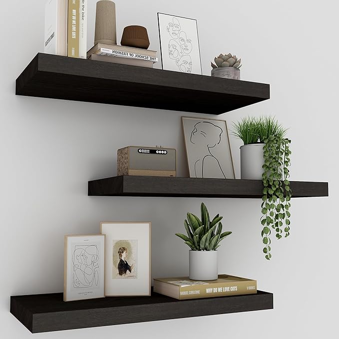 Floating Shelves for Wall Set of 3, 16 Inch Black Floating Shelves Bedroom | Smooth Black Finish, Engineered Wood Structure, Full Mount Hardware, Multi-scene Wall Storage by Upassion