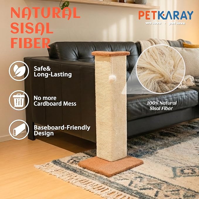 PETKARAY Couch Corner Cat Scratcher, 28.5" Sisal Scratching Post for Indoor Cats, Corner Wall Scratch Pad for Furniture Protection, Plush Base, Large - Image 3