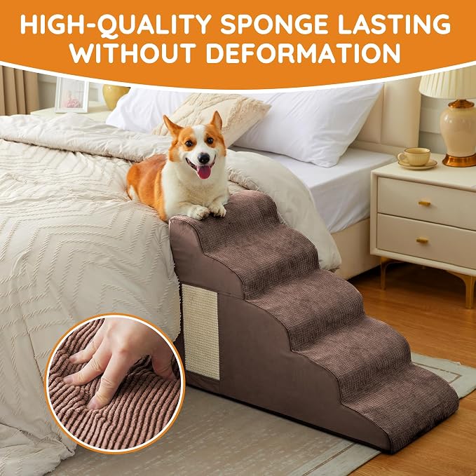 Dog Stairs for Small Dogs 15.7" H, Dog Ramp for Bed, 3-Step, Coffee | Dog Steps for Bed, Couch, Pet Stairs with Non-Slip Bottom Design, Cat Scratching,High Density Foam Portable Pet Steps, Indoor - Image 8