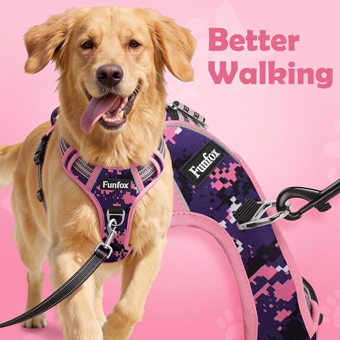 Dog Harness No Pull, Adjustable Pet Vest Harness, Super Soft Material with Vertical Handle Easy Control, Reflective Night Walking, 2 Leash Clips for XLarge Dogs, Mosaic Pink, XL - Image 3