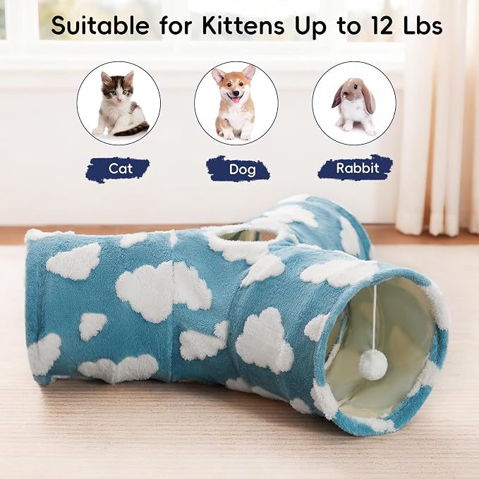 Tempcore Flannel Cat Tunnel for Indoor Cats, 3 Way Collapsible Pet Play Tunnel with Teaser Wand, Peek Holes & Hanging Ball, Interactive Tube for Kittens & Rabbits, Blue Cloud - Image 6