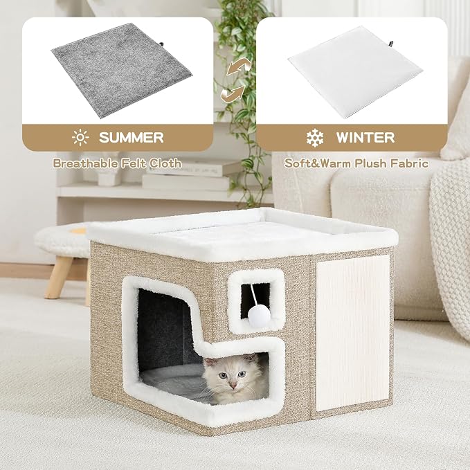 Cat Houses for Indoor Cats, Covered Cat Cave Bed with Scratch Pad and Fluffy Ball, Foldable Cat Hideaway Condo for Large Cats, Modern Kitten Bed,16.5x16.5x13 inches (Khaki‌, L) - Image 3