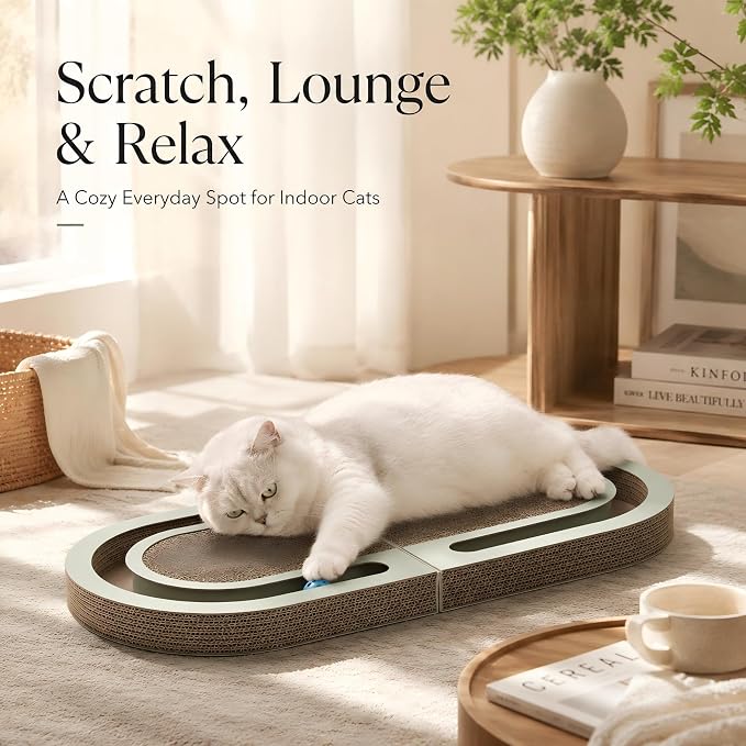Interactive Cat Scratcher Lounge for Indoor Cats, 26" Large Foldable Cat Scratcher with Ball Track, Double-Sided Corrugated Cat Scratch Pad Bed for Scratching, Playing, Lounging & Relaxing - Image 8