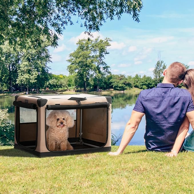 PETSFIT 26" Soft Portable Dog Crate – Patented Spiral Sturdy Frame, Collapsible Travel Kennel for Small Dogs, 3 Mesh Door, Lockable Zippers, Indoor & Car Use Khaki - Image 8