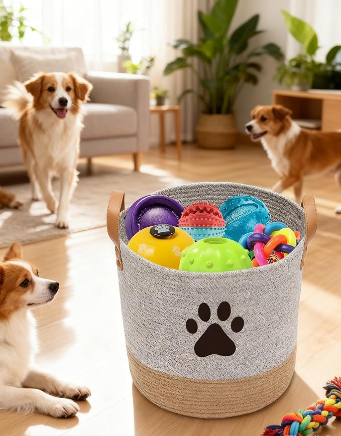 Cotton dog toy basket storage, puppy toy basket, puppy bins, laundry basket blanket storage bin - Perfect for organizing pet toys, blankets, leashes, pee mats and diapers - Graykhaki - Image 5