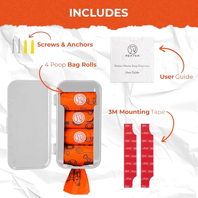 PEXTER Dog Poop Bag Dispenser - Outdoor or Indoor Pet Waste Bag Dispenser Station - Stick-On or Screw-On Wall Mount - Poop Bags Storage Outdoor Container - Includes 4 Doggie Bag Rolls (Gray) - Image 5