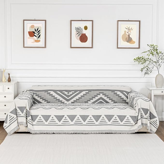 MYSKY HOME Boho Couch Cover for Dogs Washable Grey Rhombic Couch Sofa Protector for Loveseat Sofa with Pets Friendly Chenille Geometric Sofa Covers Soft Durable Farmhouse Sofa Slipcovers, 71" X102" by MYSKYHOME