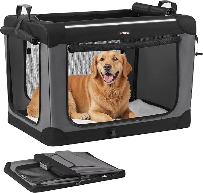 Feandrea Collapsible Dog Crate, Portable Travel Crate, 36-Inch | Oxford Fabric Pet Carrier with 4 Mesh Doors, Handles, Storage Pocket, Water Bottle Holder, UPDC019B01 by FeandreabySONGMICSHOME