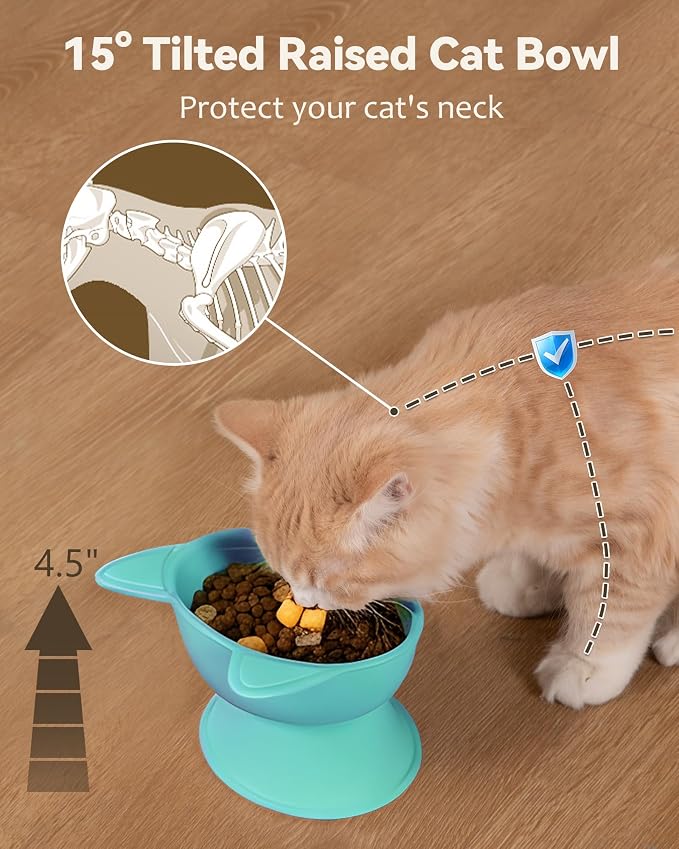 MateeyLife Raised Cat Bowls, Cat Food Bowl Elevated for Kittens & Small Dogs, 15°Tilted Protect Pets' Neck and Anti Vomiting, Whisker Friendly Food & Water Feeding Bowl, 6 oz Each - Green - Image 2