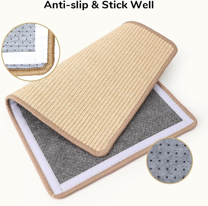 FUKUMARU 2 Packs Cat Scratching Mat, 23.6 x 15.7 Inch Cat Scratcher Pad | Natural Sisal Cat Scratch Mat for Indoor Cats, Horizontal Cat Wall Scratcher Floor Rug with Sticky Tapes, Furniture Protector - Image 3