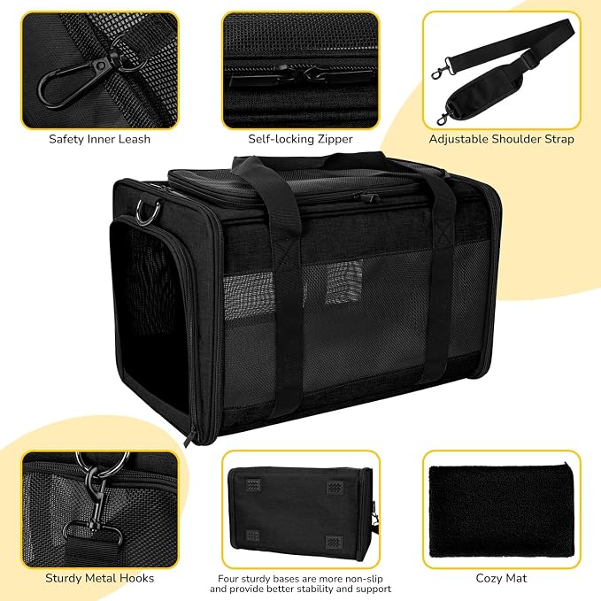 Hipubby Cat Carrier Dog Carrier for Pets Up to 16 Lbs, Soft-Sided Pet Travel Carrier for Cats and Small Dogs, Airline Approved Pet Carrying Case with Shoulder Strap & Removable Mat - Black - Image 3