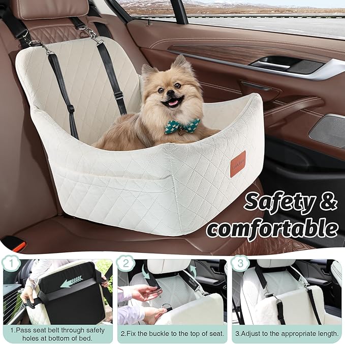 Lealchum Dog car seat for Medium Dogs,Easy to Install with Adjustable Straps,Anti Slip Bottom pet car Bed,Fully Detachable and Washable pet Travel Bed (Beige, Medium) - Image 5