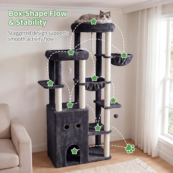 Heybly Cat Tree, 69.7 in Secure Anti-Tip Cat Tower for Large Cats HCT065G | Expansive Cat Furniture with Dual-Tier Cat Condo Villa, 2 Top Perches, Hammock & Full Sisal Scratching Posts, Smoky Gray - Image 9