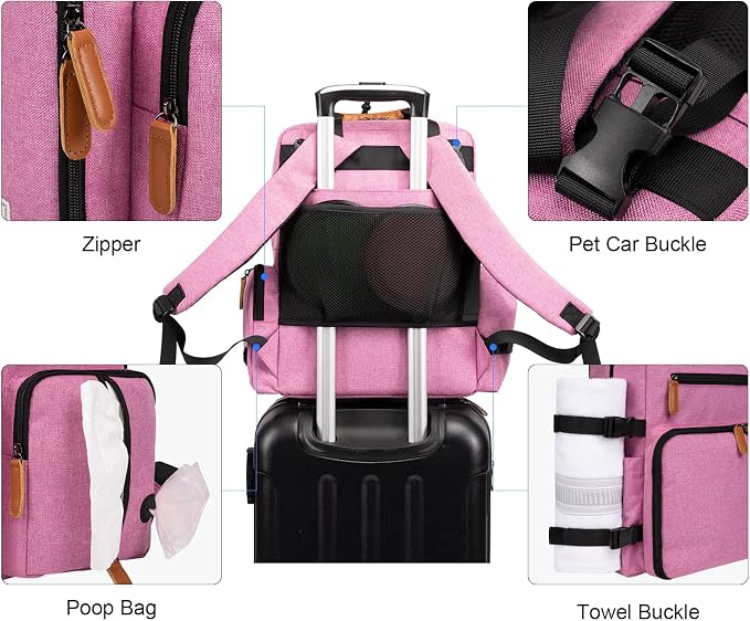 Modoker Dog Travel Backpack Set with 2 Food Bags, 2 Bowls and 1 Mat, Pink | Water-Resistant Oxford Fabric | Roomy Main Compartment | Multiple Functional Pockets | Stroller Strap | Leak-Resistant Lining - Image 5