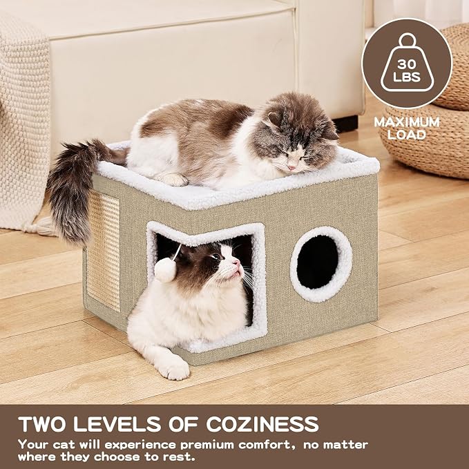 Large Cat Houses for Indoor Cats with Fluffy Ball and Scratch Pad | Foldable Cat Bed Cave for Multiple Pets, Kitten Bed for All Seasons, Non-slip, Hold Up to 30LBS, 16x16x13inch, Khaki - Image 5