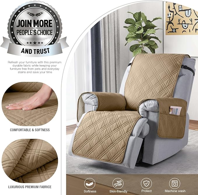 TAOCOCO 100% Waterproof Recliner Chair Covers, Non Slip Recliner Covers for Recliner Chair with Pocket, Washable Reclining Chair Cover Furniture Protector for Kids,Dogs(25'', Camel) - Image 4