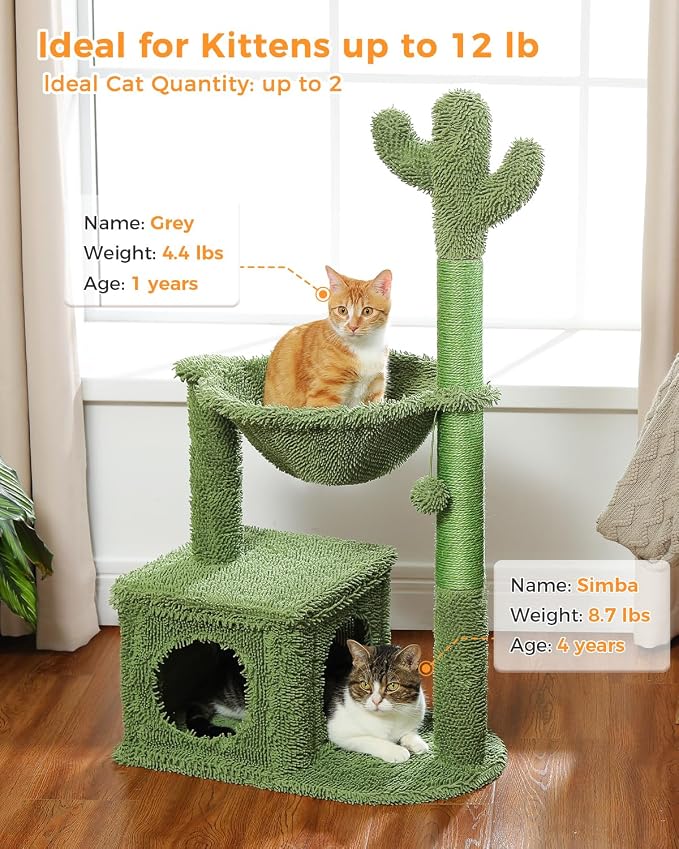 40" Cactus Cat Tree with Hammock, Condo & Sisal Post, Green | Cactus theme, Metal carpet hammock, Cozy indoor condo, Replaceable pompom toy, Sisal wrapped posts, Sturdy base - Image 4