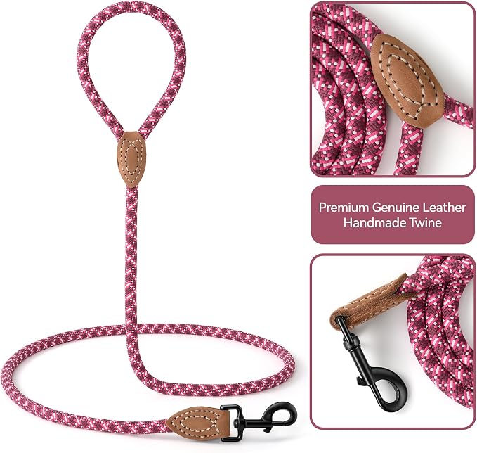 Mile High Life Dog Leash with Genuine Leather-Wrapped Ends, 4/5/6FT | Tangle-Free 360° Swivel Clasp Heavy Duty Rope Leash | Small Medium Large Dogs | Daily Walking (Pink White, 72 Inch, 1/2") - Image 4