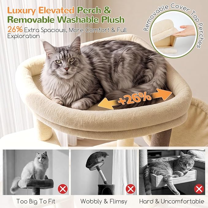 Globlazer Tall Cat Tower for Indoor Adult Cats, 72-inch, S72G, Beige | Heavy Duty Cat Tree House for Big Cats with 2 Extra-Large Padded Platform, 7 Sisal Scratching Posts, 3 Large Condos - Image 3