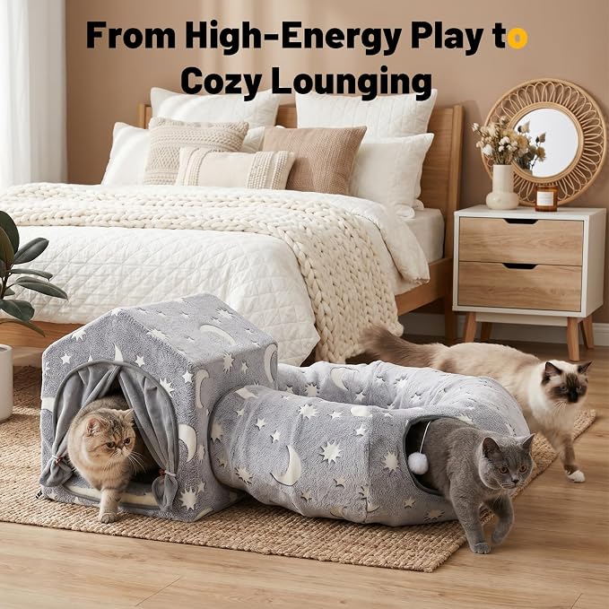 4-In-1 Cat Tunnel with Cube House, Night-Luminous Cat Play Tunnel House with Dual Peek Holes, Large Pocket, Hideout Cat Toys with Tunnel & House, Cat Furniture Tent for Playing, Hiding & Lounging Grey - Image 7