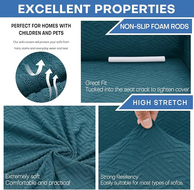 XINEAGE Stretch Jacquard XL Sofa Cover, Non Slip Sofa Slipcover for Dog | High-Stretch Fabric. Wear-Resistant, Pet Friendly. Easy Install & Washable for Living Rooms, Offices.Peacock Blue - Image 5