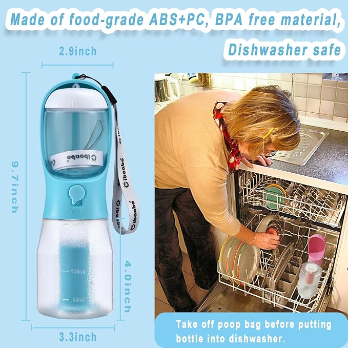 Cibaabo Dog Water Bottle with Food Container & Poop Bag Holder & Filter | Feeding & Hydration & Waste All in One | Travel Puppy Water Bowl | Portable Pet Dispenser | Dog Gifts | for Walking Beach - Image 6