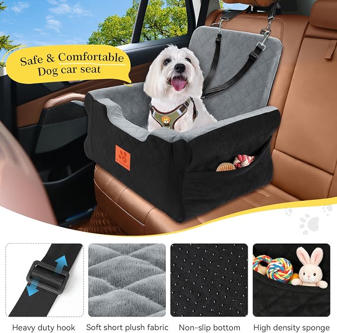 NEEZUKAR Dog Car Seat for Small Medium Dogs,Dog Booster Seat Under 35 lbs | Thick Cushion,Detachable Washable Pet Car Seat,Travel Dog Car Bed With Storage Pockets,2 Safety Belts - Image 4
