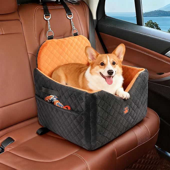 Dog Car Seat for Small/Medium Dogs Up to 35lbs, Puppy Car Seat with Thick Cushion, Detachable Washable Dog Carseat with Storage Pockets, 2 Safety Belts (Brown) - Image 9