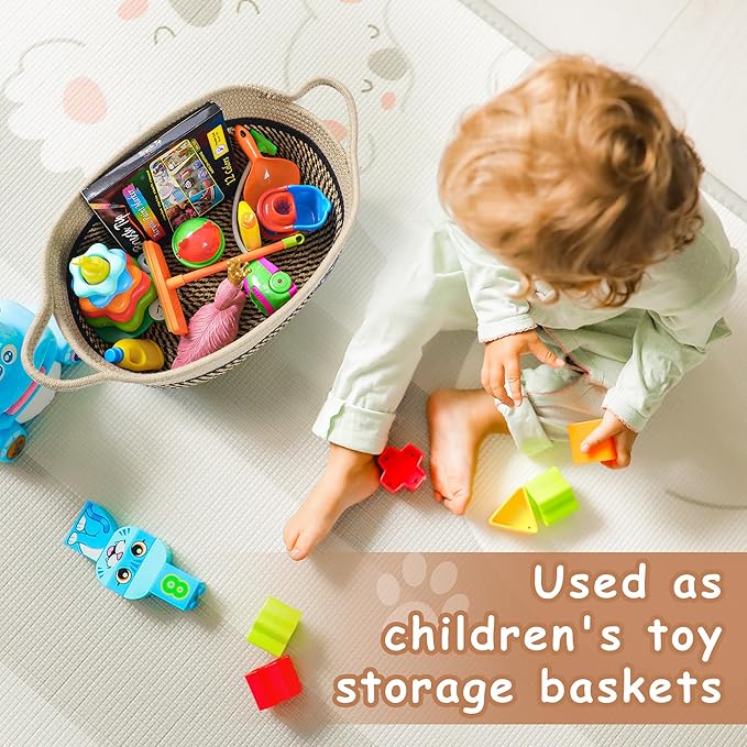 Small Woven Baskets for Organizing Rope Storage Basket with Handle Cute Cotton Nursery Gift Dog Toy Bins Organizer-Black&Beige - Image 4