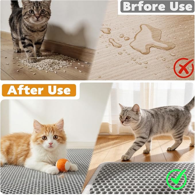 Cat Litter Mat 24"x15", Double Layer Waterproof Litterbox Mat, Gray | Non-slip backing, washable for easy cleanup, traps stray litter with waterproof honeycomb large grid that is urine-proof. - Image 3