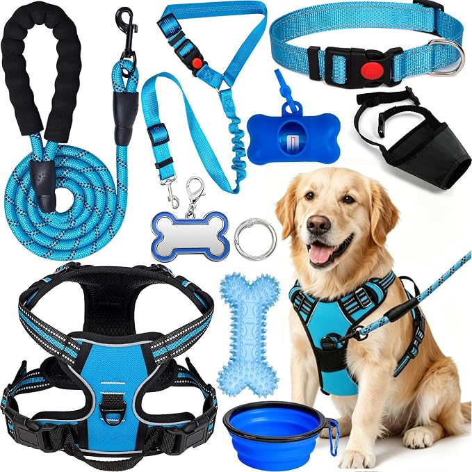No Pull Dog Harness Adjustable Collar & Leash Set - Dog Halter Harnesses Collapsible Bowls & Poop Bag Dispenser Muzzle ID Tags Toys Fits Small Medium Large Dogs (Blue-L) by Unknown