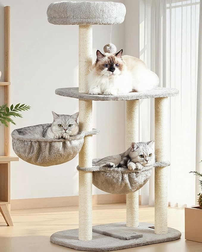 Small Cat Tree Tower with Lots of Scratching Posts - 42 Inch Medium Compact Cats Scratch House with Hammock Perch for Multi Level 2 Kitty - Indoor Corner Cat Bed Condo Climbing Gym Towers Furniture by FeliskynCatTreeTower