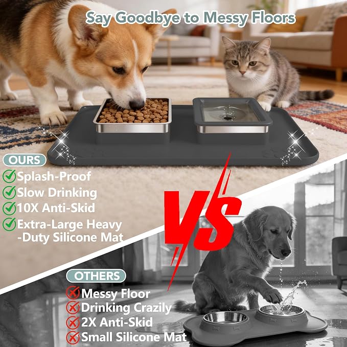 Dog Bowl Set, No Spill Dog Water and Food Bowl with Silicone Mat | Large Capacity 304 Stainless Steel Bowls, 2-In-1 Set, Slow Drinking, Anti-Slip Silicone Feeding Mat, Home/Travel, 6-7 Cups - Image 3