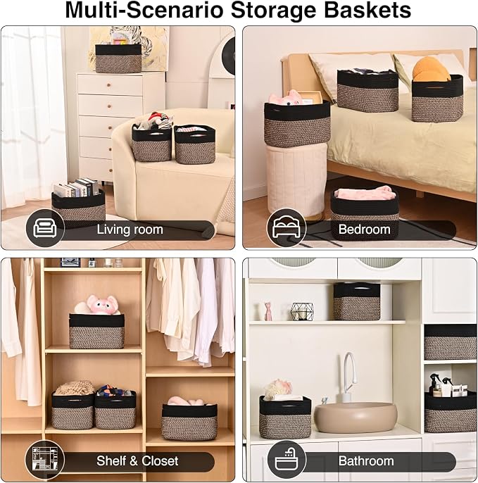 ICERZCZ Storage Baskets for Shelves Organizing, Woven Cotton Rope Baskets for Storage, Book Basket, Decorative Shelf Basket, 12.5"Lx9.1''Wx7.9''H (4 Packs) Black & Jute - Image 5