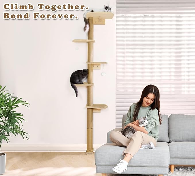 Wild Simulation Cat Tree for Kittens, 5-Level Floor to Ceiling Cat Wall Shelves with Sisal Mat Platforms, Rotating Wall-Mounted Climbing Tower for Scratch, Lookout & Perch - Image 4