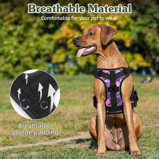 VavoPaw Heavy Duty Tactical Dog Harness for Medium Dogs, No Pull Adjustable | Pet Harness Reflective Service Training Easy Control Pet Vest Military K9 Working Dog Harnesses（Purple Camouflage, M） - Image 3