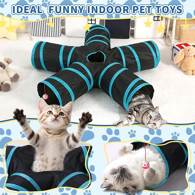 Pet Cat Tunnel, 5 Way Tunnels for Indoor Cats, Collapsible Pet Tunnel for Kitten, Puppy, Rabbit, 25cm-Wide Tunnels, Durable & Breathable, with Peek Hole Toy Ball - Image 3
