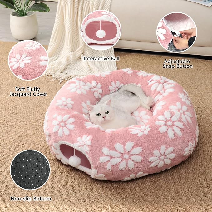 Cute Round Cat Tunnel for Indoor Cats, Pink | Peekaboo Cat Cave with Dangling Balls, Pet Donut Tunnel Bed with Circle Mat for Puppy Kitten Rabbit - Image 3