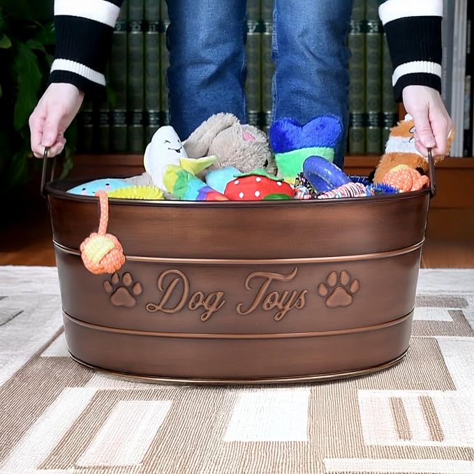BREKX Copper Metal Dog Toy Storage Bin, Indestructible, Large | Toy, Blanket & Leash Organization • Carrying Handles - Image 3