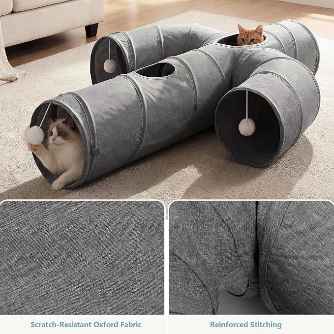 Ownpets Cactus Cat Tunnel 12" with Peek Holes for Indoor Large Cat, Grey | Durable Oxford fabric, noise-free, foldable & connectable, multi-cat friendly, tube for cats up to 20lb, includes ball & wand - Image 4