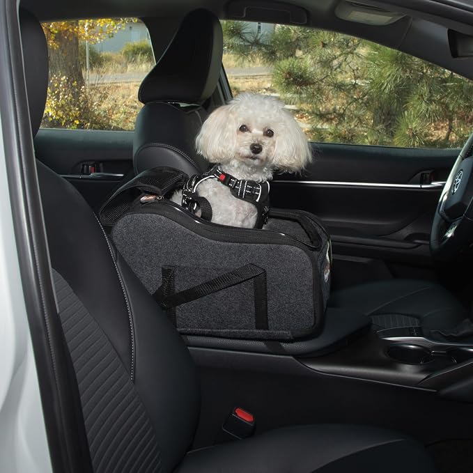 K&H Center Console Dog Car Seat for Small Dogs & Cats, for Pets Under 8 lbs | Front seat view, car seat for dogs, car dog seat, mesh top, safety tether by KHPetProducts