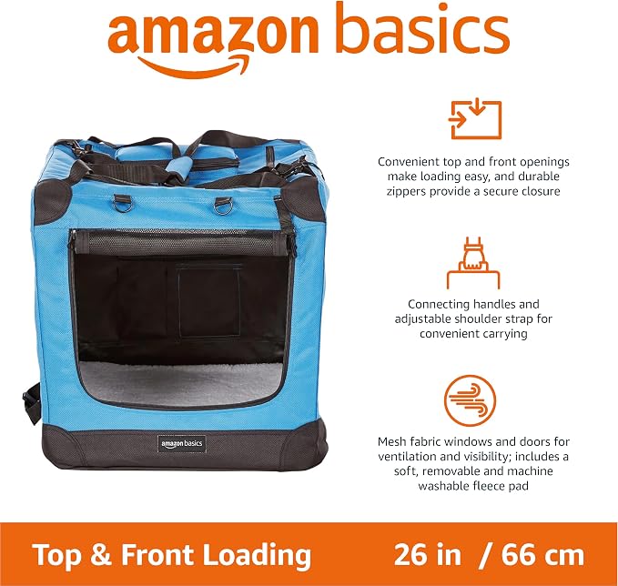 Amazon Basics Portable Soft Pet Dog Crate Carrier Kennel, Foldable, Washable, Up to 25 lbs, 26 x 18 x 18 inches, Blue - Image 2