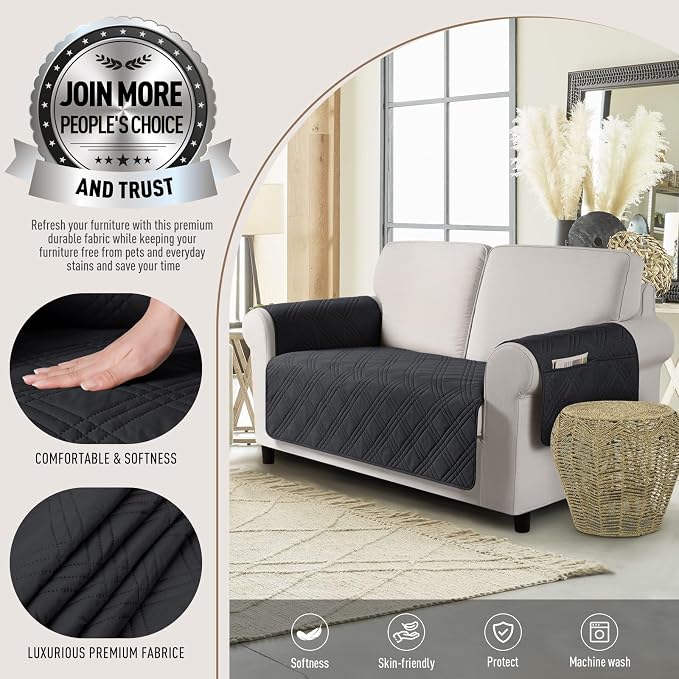 TAOCOCO Waterproof Loveseat Covers for Dogs, Non Slip Couch Cover, 2 Seater | Washable Love Seat Covers with Arms for 2 Cushion Couch, Dog Sofa Cover Protector, Pockets & Backless Design, Black - Image 2