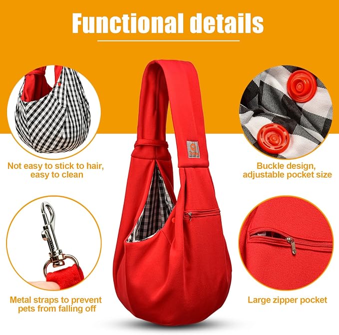 Tomkas Small Dog Cat Sling Carrier Puppy Purse Travel Wrap Soft Crossbody Pet Bag (Red, M - Zip Pocket & Classic Strap) - Image 5