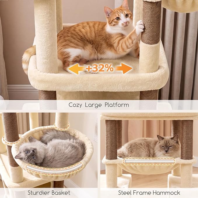 Globlazer Tall Cat Tower for Indoor Adult Cats, 72-inch, S72G, Beige | Heavy Duty Cat Tree House for Big Cats with 2 Extra-Large Padded Platform, 7 Sisal Scratching Posts, 3 Large Condos - Image 4