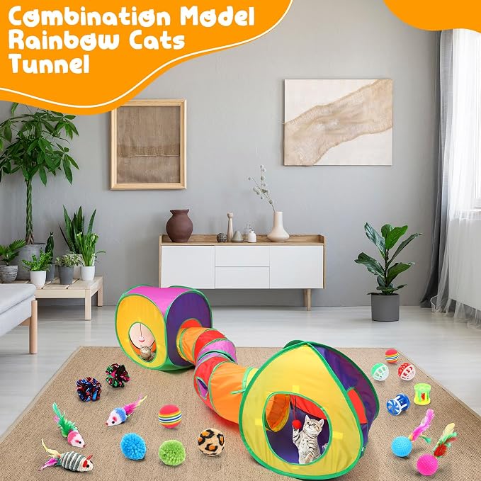 21 Pcs Cat Tunnels for Indoor Set, 3 In1 Collapsible Cat Tunnel Toy with Cube Tent Toys Combo and 20 Pcs Interactive Kitty Toys Feather Toy Fluffy Mouse Crinkle Balls for Kitten Puppy - Image 6