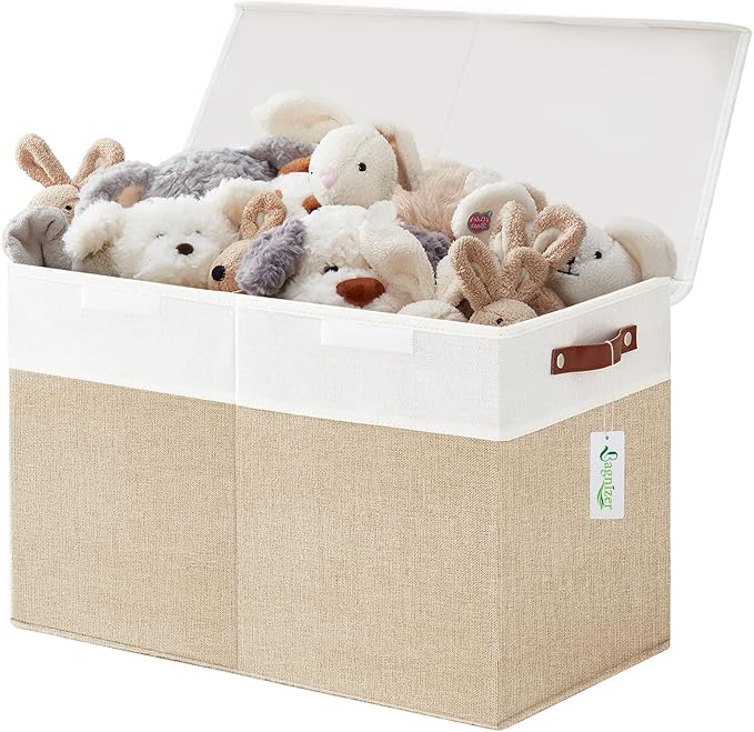 Bagnizer Large Toy Storage Box with Lids, Collapsible Sturdy Baby Storage Organizer Chest Bin Basket for Kids, Boys, Girls, Playroom, Nursery, Bedroom, Closet 25"x13"x16" (Beige and White) by Bagnizer