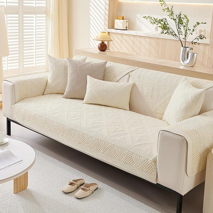 vctops Boho Cotton Quilted Sofa Couch Cover Washable Soft Non Slip Sectional Couch Covers Floral Embroidery Sofa Slipcover for Dogs, Children, Pets Furniture Protector (Cream,36"x94") - Image 6